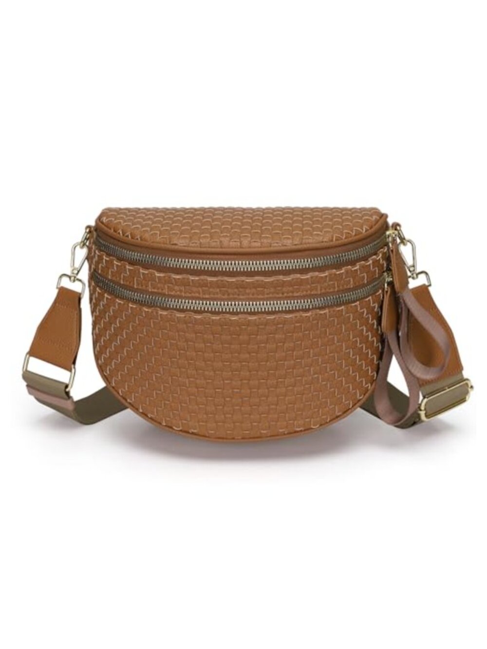 Woven Vegan Leather Crossbody Bum Bag Double Zip Sling Purse Fanny Pack
